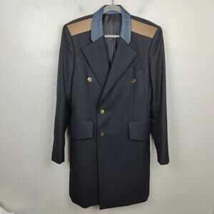 Sean Suen Coat Men 38 Black Denim Belted Coat Mixed Media Preppy Avant Garde‎